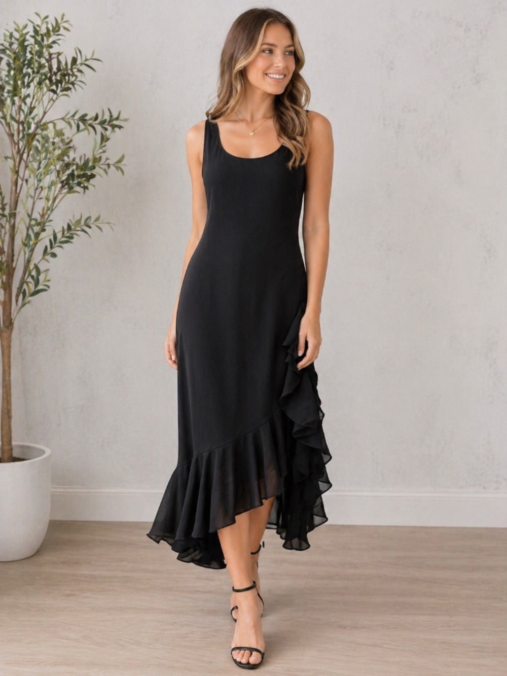 ABS Collection Elegant Black High-Low Ruffle Dress Size 6 Fitted w/ Back Zipper